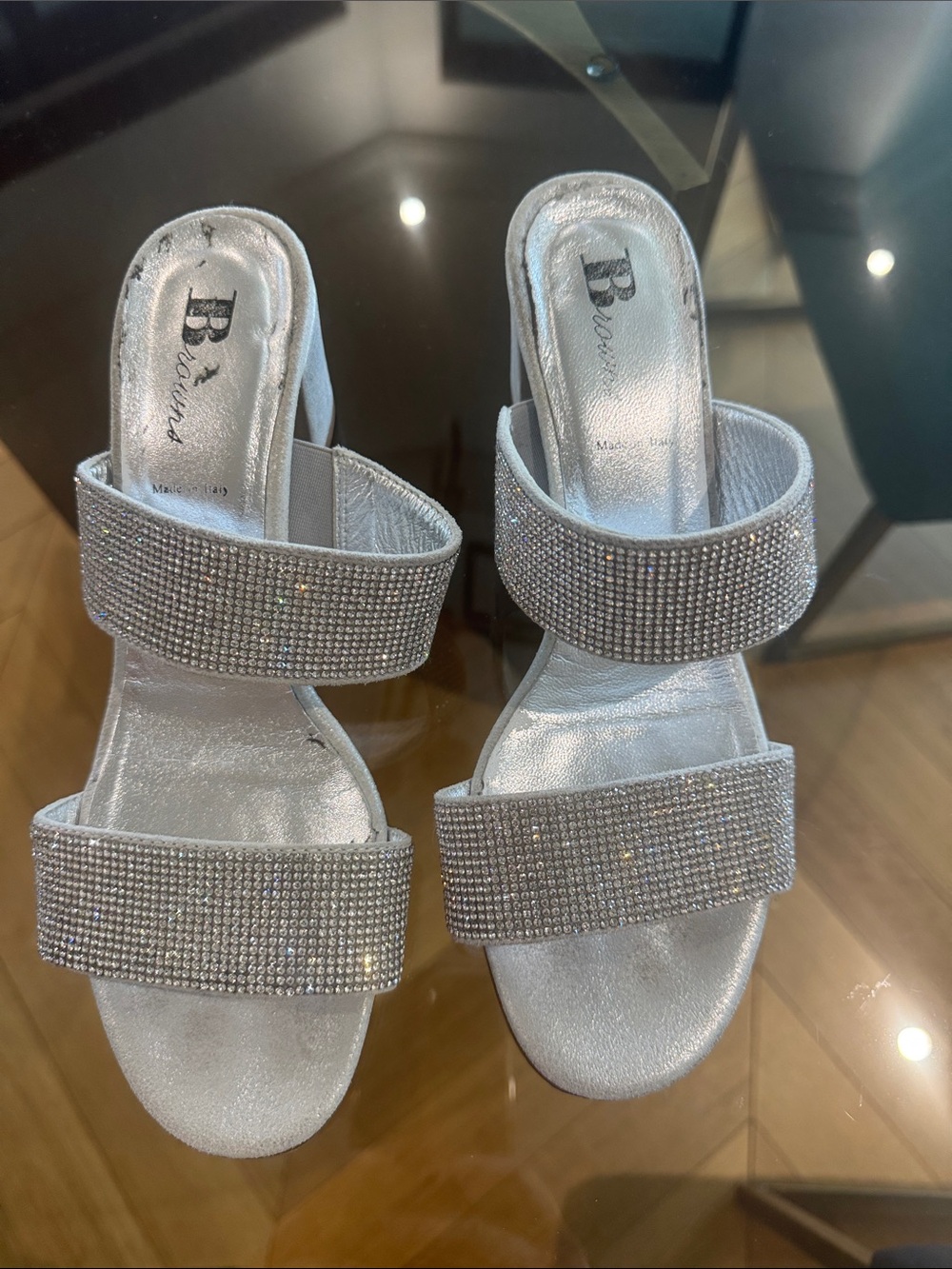 B. Giovanni Silver Crystal Two-Strap Slide Mules